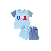(6-12 Months, Blue) Tenues bébé 4 juillet : ensemble brodé manches courtes + short contrasté - Vêtements d'été