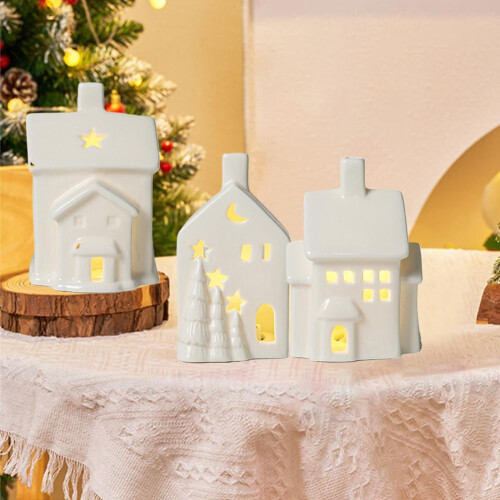 Witte keramische kerstdorpjes met ledverlichting (6 stuks) 2