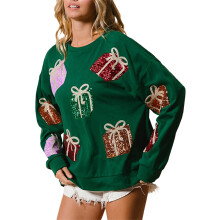(XL, Green) Women's Christmas Sweatshirt Loose Sequin Present Box Crew Neck Long Sleeve Pullover Tops Casual Streetwear