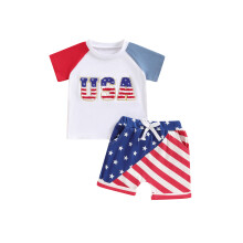 (18-24 Months, Red) Ensemble été bébé garçon et fille : T-shirt brodé lettres et short rayé étoilé élastique.