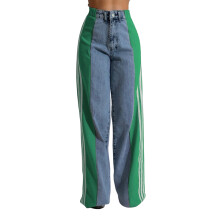 (M, Green) Jeans da donna primaverili larghi a vita alta con gamba ampia e strisce laterali in denim