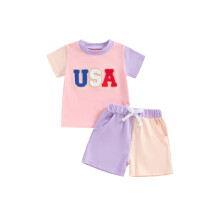 (18-24 Months, Pink) Tenues bébé 4 juillet : ensemble brodé manches courtes + short contrasté - Vêtements d'été