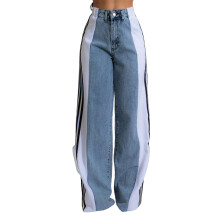 (XL, Blue) Jeans da donna primaverili larghi a vita alta con gamba ampia e strisce laterali in denim