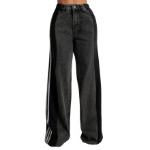 (M, Black) Jeans da donna primaverili larghi a vita alta con gamba ampia e strisce laterali in denim