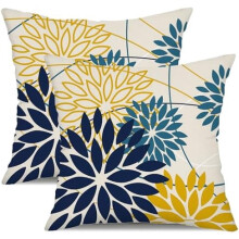 Blauwe en gele kussenhoezen met bloemenprint, 24x24 inch, set van 2.