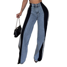 (XL, Dark Grey) Jeans da donna primaverili larghi a vita alta con gamba ampia e strisce laterali in denim