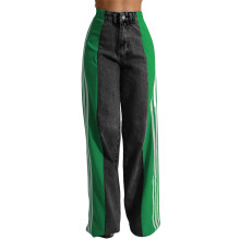 (S, Emerald Green) Jeans da donna primaverili larghi a vita alta con gamba ampia e strisce laterali in denim
