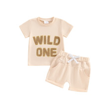 (0-6 Months, Khaki) Ensemble 2 pièces pour bébé garçon : T-shirt brodé et short élastique, parfait pour l'été.
