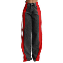 (S, Claret) Jean ample de printemps pour femme, taille haute, jambes larges et larges, à rayures latérales