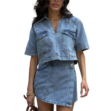 (S, Blue) Ensemble deux pièces en denim pour femme : haut en jean à manches courtes et revers et short asymétrique, style streetwear