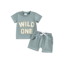 (12-18 Months, Green) Ensemble 2 pièces pour bébé garçon : T-shirt brodé et short élastique, parfait pour l'été.