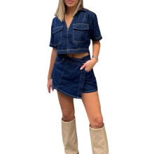 (XL, Dark Blue) Ensemble deux pièces en denim pour femme : haut en jean à manches courtes et revers et short asymétrique, style streetwear