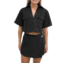 (M, black) Ensemble deux pièces en denim pour femme : haut en jean à manches courtes et revers et short asymétrique, style streetwear