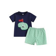 (2-3 Years, Blue) Completo estivo bimbi, maglietta maniche corte con scollo rotondo e ricami golf, pantaloncini quadri con elastico, set 2 pezzi.