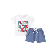 (18-24 Months, Blue) Ensembles pour garçons pour le 4 juillet : T-shirts à manches courtes et shorts unis à cordon