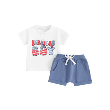(18-24 Months, White) Ensembles pour garçons pour le 4 juillet : T-shirts à manches courtes et shorts unis à cordon