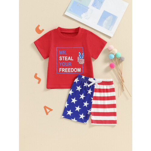 (18-24 Months, Red) Conjunto de pantalón con estrellas. 2