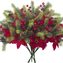 Lot de 8 décorations florales artificielles de Noël : pommes de pin, baies rouges, houx pour sapin de Noël, décoration de fête, centres de