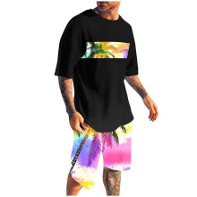 Men's Shorts Sets 2 Piece Outfits Round Neck Printing Sports Slim Elastic Waistband Short Sleeve Round-Neck Blouses