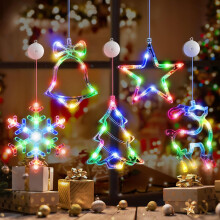 Paquete de 5 luces navideñas para ventana a pilas con temporizador: Copo de nieve, árbol, estrella, ciervo y campanas LED con ventosas –