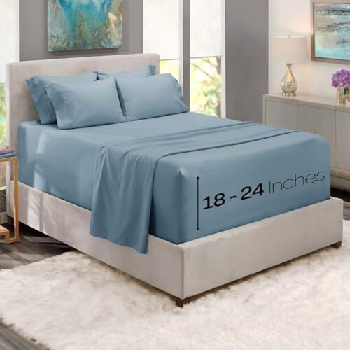 Luxury Soft6-Pc Bed Sheet Set, Extra Deep Pocket (Up to21"), Double Brushed, Split King, Soft Blue 1