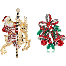 Conjunto de broches natalinos femininos: Papai Noel, rena e sino, com strass e esmalte – Joias festivas para as festas de fim de ano, ideais para