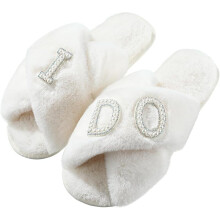 Pantoufles de mariée – Pantoufles de mariage blanches en peluche à bout ouvert « Je le veux » pour la mariée, l’enterrement de vie de