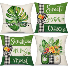 Housses de coussin d'été 45 x 45 cm, lot de 4, motif feuilles de palmier et rayures vertes, décoration intérieure/extérieure, compatibles avec