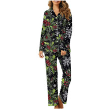 Kerstpyjamaset voor dames, top met lange mouwen en knoopsluiting & broek, feestelijke nachtkleding, maten S-2XL, geschikt als kerstcadeau.