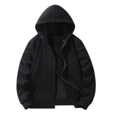 lulshou Herre Ensfarvet Fleece Hættetrøje med Lynlås, Hyggelig Plysforet Vinterpullover med Forlommer til Streetwear, Sort, XXL