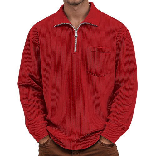 Shirts for Men Corduroy Long Sleeve Solid Collared Tops Zipper Pullover Textured Sweatshirt