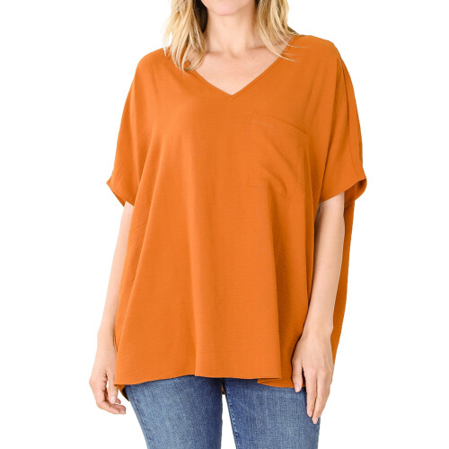 Dam & Plus V-ringad vävd Airflow Dolman kortärmad blus med framficka