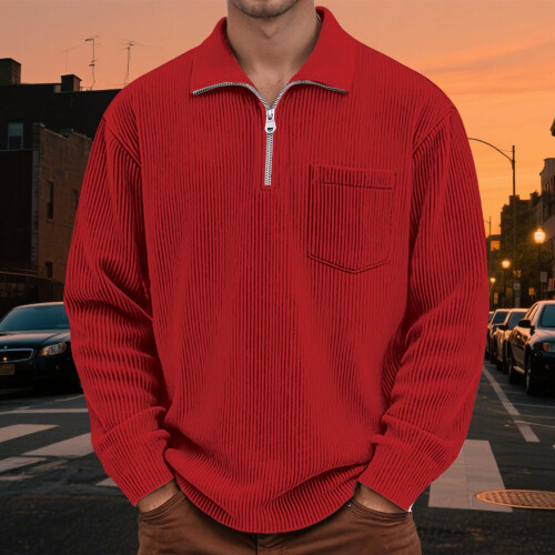 Shirts for Men Corduroy Long Sleeve Solid Collared Tops Zipper Pullover Textured Sweatshirt 1