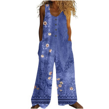 Dame sommerromper med blomsterknapper og lommer - 100 % krympet polyester vide benromsjumper, avslappet løs passform S-2XL