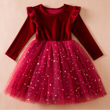 Vestido de princesa de manga larga con retazos de malla para niñas pequeñas, ideal para fiestas y ocasiones especiales. Color rojo. 4-5 años.