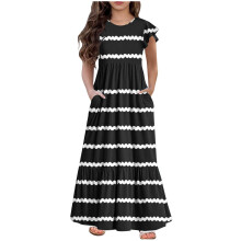 Mikilon Mädchen Maxikleid, lang-/kurzärmelig, lässiges Urlaubskleid mit Taschen für 5-13 Jahre
