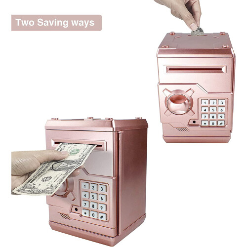 Mini Cofrinho ATM Infantil – Cofre Eletrônico com Código, Contador de Dinheiro e Trava com Senha (Ouro Rosa) 1