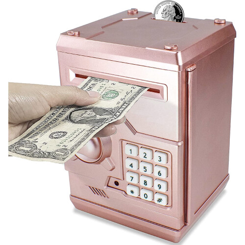Mini Cofrinho ATM Infantil – Cofre Eletrônico com Código, Contador de Dinheiro e Trava com Senha (Ouro Rosa)