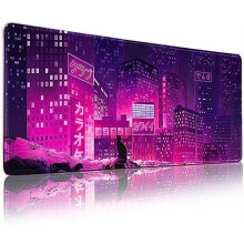 Tappetino per mouse da gioco Sea Wave 31,5"x11,9", impermeabile e con base in gomma antiscivolo, viola, con vista notturna di una città cyberpunk,