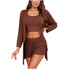 Dames 3-delige zachte gebreide loungepyjamaset bestaande uit vest, badjas, tanktop en short, pyjamaset, nachtkleding, loungekleding voor thuis, maten