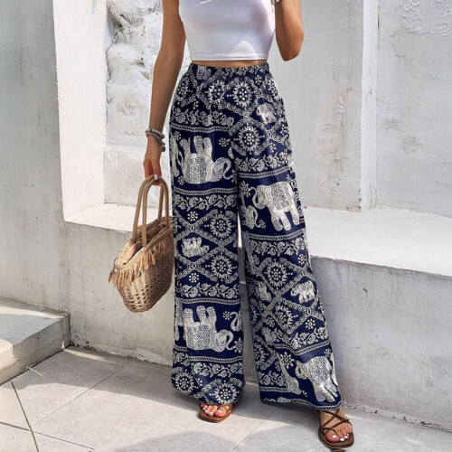 Γυναικείο Ελαστικό Ψηλόμεσο Παντελόνι Palazzo Casual με Στάμπα, Ίσιο, Μακρύ, Ριχτό 1