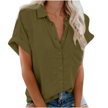 Blusas de verão femininas, camisas femininas plus size com gola, manga curta e botões, blusas casuais de cor sólida e modelagem ajustada.