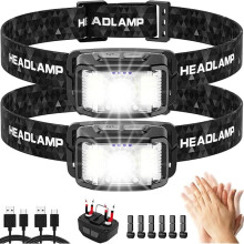 ZCHeadlamp Wiederaufladbare 2er-Packung, 2000 lm LED-Stirnlampe, 16 Modi, Bewegungssensor, IPX6 wasserdicht, leicht, weißes/rotes Licht –