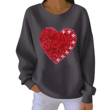 Felpa da donna per San Valentino con stampa a cuori, girocollo a coste, maniche lunghe, casual.