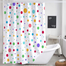Cortina de chuveiro infantil arco-íris, 183 x 183 cm, tecido colorido com bolinhas, estampa geométrica branca com ganchos – compatível com