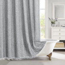 Cortina de chuveiro boho cinza escuro, 183 x 183 cm, tecido de linho poliéster, design rústico com franjas, decoração moderna de fazenda e estilo