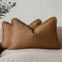 Confezione da 2 federe per cuscini lombari in lino con frange, 30x50 cm, arancione-marrone, stile rustico, con nappe decorative, compatibili con
