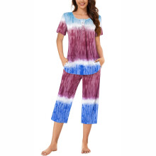 2-teiliger Damen-Pyjama mit Farbverlauf, Kurzarm-Oberteil und Caprihose, Schlafanzug mit Taschen, Homewear, Größen S-3XL