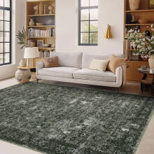 Vintage tvättbar boho-matta 1,5 x 1,8 m för vardagsrum, sliten stor orientalisk accent mjuk halkfri plädmatta för kök och kontor mörkgrön