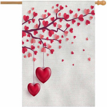 Doppelseitige Hausflagge aus Jute zum Valentinstag (28x40), Baum mit Papierblättern und hängenden Herzen, Gartenflagge im Landhausstil –
